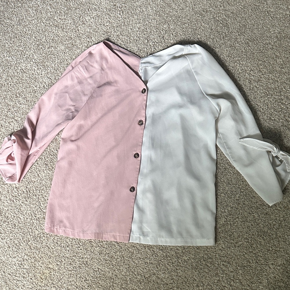 Two-Tone Pink and Gray Button-Up Blouse